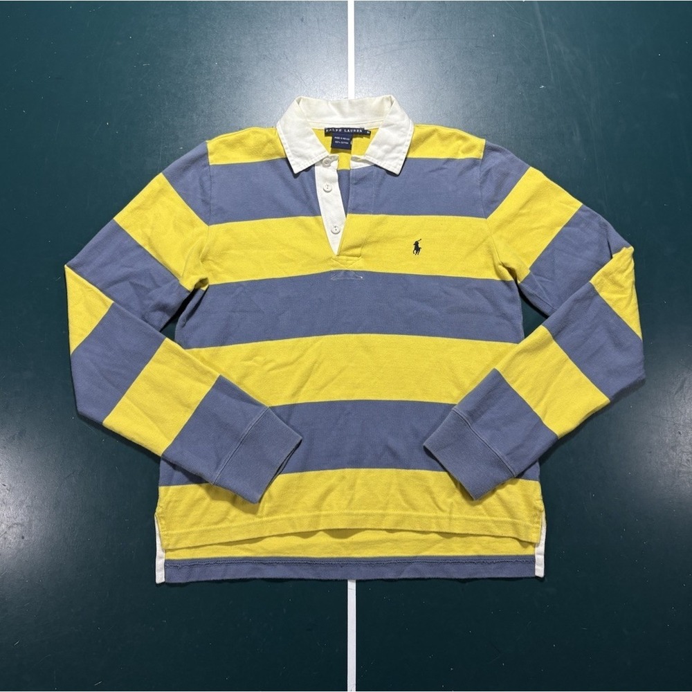 Vintage Ralph Lauren Rugby Shirt Women's Medium Blue Yellow Striped Long Sleeve